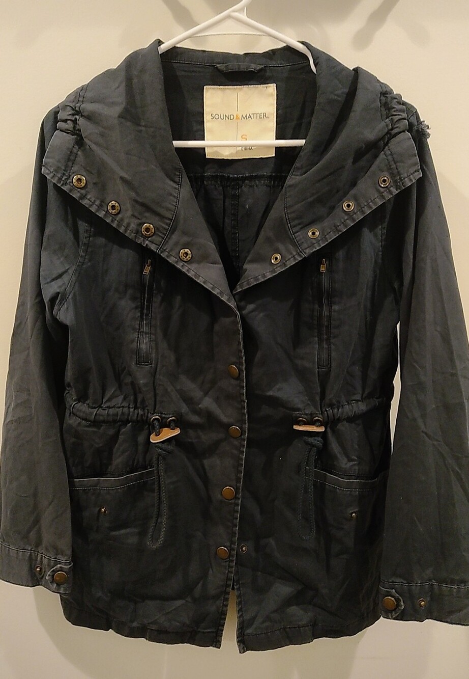 Sound & Matter Women's Hooded Utility Jacket in Charcoal Gray 100% Cotton